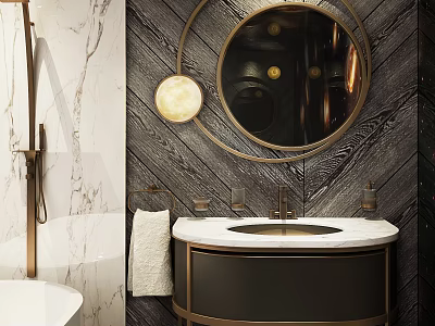 Modern Bathroom Vanity With White Marble Countertop Round Gold Frame Mirror And Dark Wood Wall 3d model