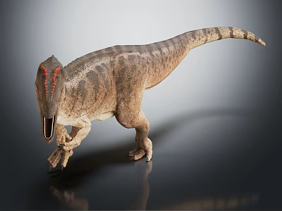 Realistic Prehistoric Dinosaur With Open Mouth Striped Body And Red Head Markings 3d model