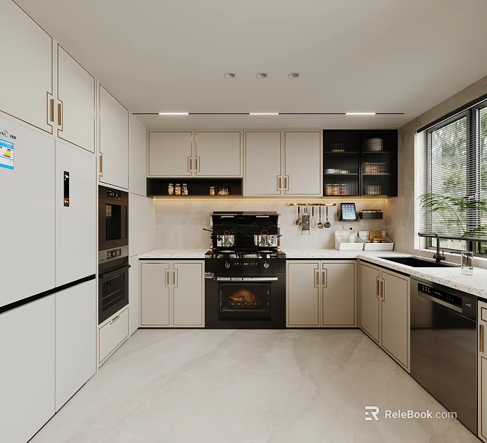 Modern Kitchen Interior With White Cabinets Black Appliances And Window 3d model