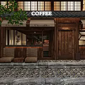 Traditional Japanese Café with Courtyard Wooden Design Stone Path Green Plants Sofas and Serene Atmosphere