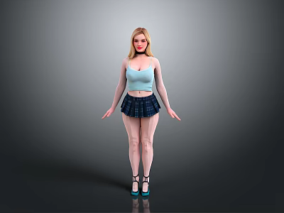 Blonde Woman Wearing Light Blue Tank Top Dark Blue Plaid Skirt And High Heels 3d model