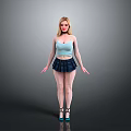 Blonde Woman Wearing Light Blue Tank Top Dark Blue Plaid Skirt And High Heels