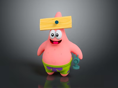 Cartoon Character Patrick Star With Pink Body Wooden Sign On Head And Green Shorts 3d model