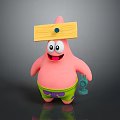 Cartoon Character Patrick Star With Pink Body Wooden Sign On Head And Green Shorts