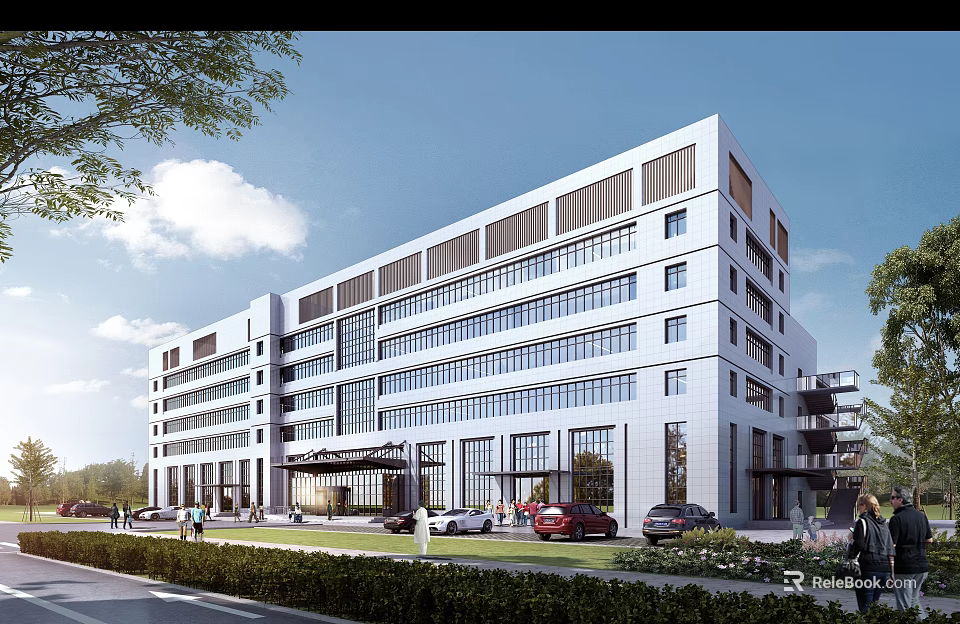 Modern Hospital Building With Glass Facade Main Entrance And Parked Cars 3d model 