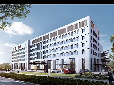 Modern Hospital Building With Glass Facade Main Entrance And Parked Cars 3d model