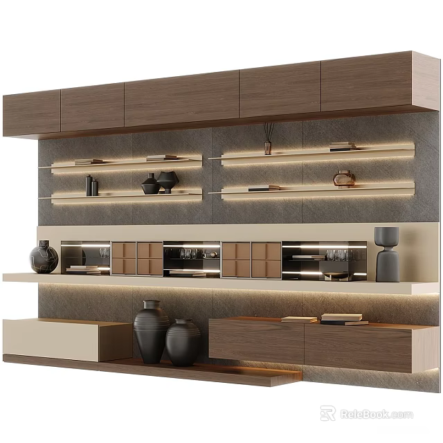 Modern Wooden Decorative Cabinet With Layered Design Built In Lighting And Decorative Vases 3d model 