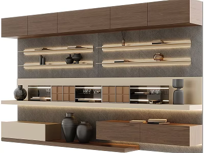 Modern Wooden Decorative Cabinet With Layered Design Built In Lighting And Decorative Vases 3d model