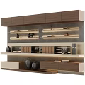 Modern Wooden Decorative Cabinet With Layered Design Built In Lighting And Decorative Vases