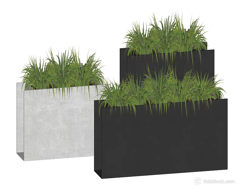 Modern Potted Plants in Rectangular Grey and Black Planters with Green Grass Foliage 3d model 