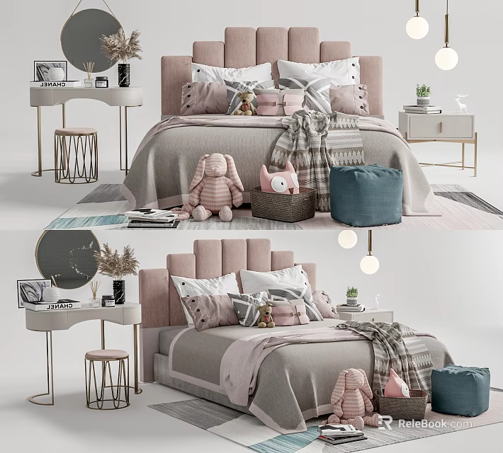 Cute Kids Bed With Soft Pink Headboard Mattress Pillows Blanket And Stuffed Toys 3d model 