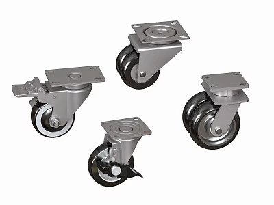 Sturdy Metal Caster Wheels With Black Rubber Tires And Brake Mechanism 3d model