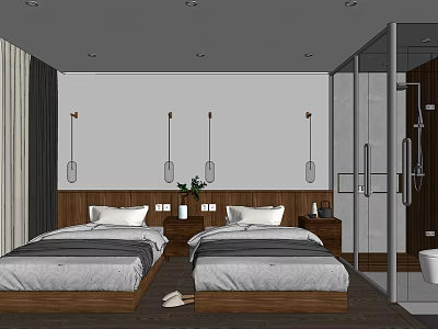 Modern Hotel Guest Room With Twin Beds Wooden Headboard Nightstands And Glass Partition Shower 3d model