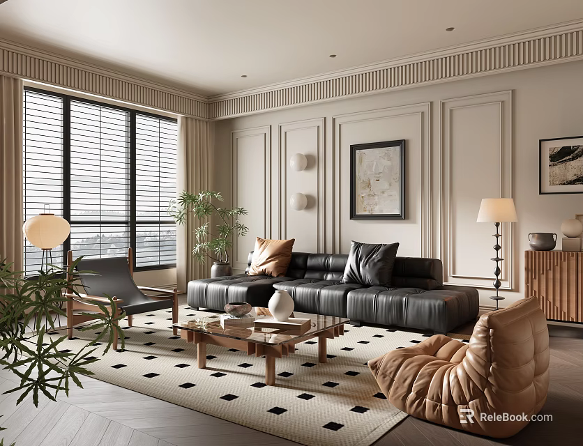 Elegant Modern Living Room With Black Leather Sofa Brown Armchair Coffee Table And Checkered Rug 3d model 