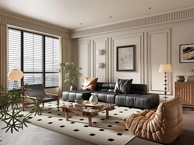 Elegant Modern Living Room With Black Leather Sofa Brown Armchair Coffee Table And Checkered Rug 3d model