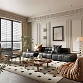 Elegant Modern Living Room With Black Leather Sofa Brown Armchair Coffee Table And Checkered Rug