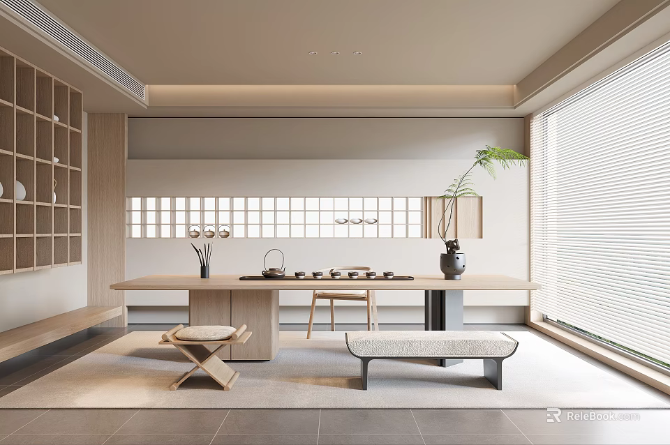 Modern Tea Room Interior Design With Wooden Table Tea Set And Natural Light 3d model 