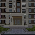 Elegant Entrance Gate With Glass Doors Stone Facade Balconies And Greenery Accents