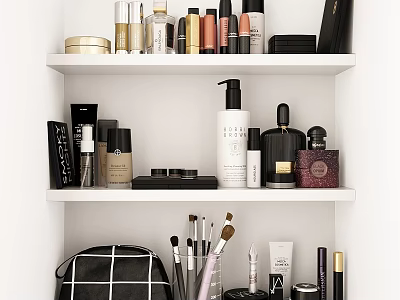 Organized Washing Daily Necessities Storage With Cosmetics Bottles And Makeup Brushes On Shelves 3d model