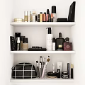 Organized Washing Daily Necessities Storage With Cosmetics Bottles And Makeup Brushes On Shelves