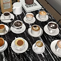 White Porcelain Coffee Cups With Gold Trim And Saucers On Black Tabletop Featuring Latte Art