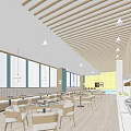 Modern Restaurant Interior With Wooden Slat Ceiling Dining Tables Pendant Lights And Green Panel Walls