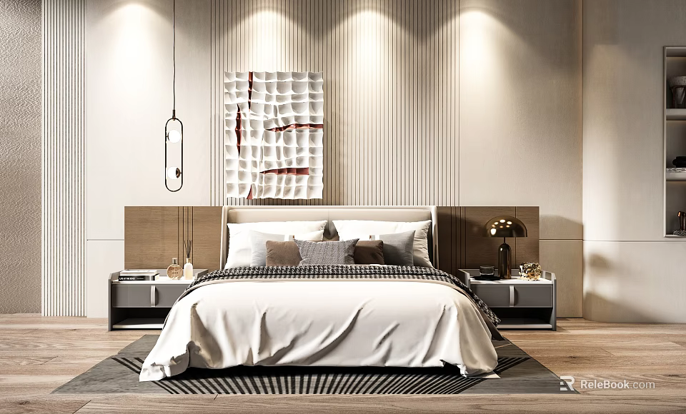 Double Bed In Modern Bedroom With Decorative Painting Bedside Tables And Wooden Flooring 3d model 