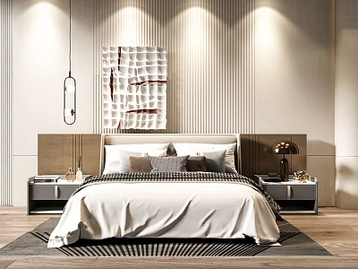 Double Bed In Modern Bedroom With Decorative Painting Bedside Tables And Wooden Flooring 3d model