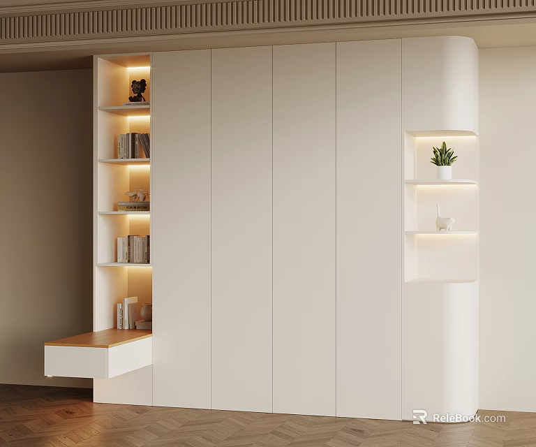 Modern White Built-in Wardrobe With Open Shelves Lighting Books Storage And Decorative Plants 3d model 
