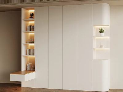Modern White Built-in Wardrobe With Open Shelves Lighting Books Storage And Decorative Plants 3d model