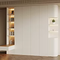 Modern White Built-in Wardrobe With Open Shelves Lighting Books Storage And Decorative Plants