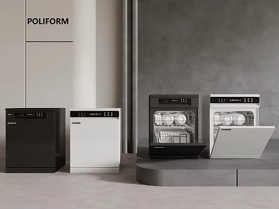 POLIFORM Modern Kitchen Appliances Black White Dishwashers And Washing Machines 3d model
