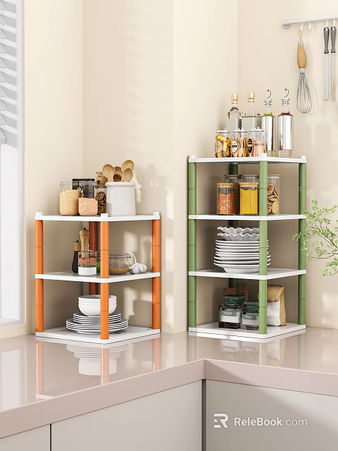 Multi Layer Kitchen Storage Racks With Orange Green Frames For Dishes Jars And Utensils 3d model 