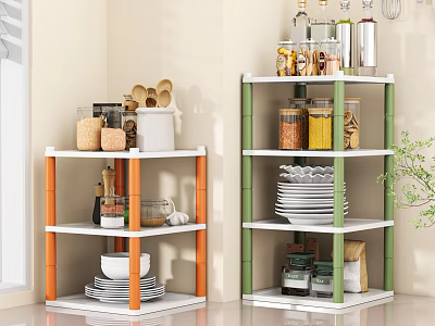 Multi Layer Kitchen Storage Racks With Orange Green Frames For Dishes Jars And Utensils 3d model