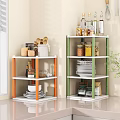 Multi Layer Kitchen Storage Racks With Orange Green Frames For Dishes Jars And Utensils