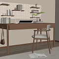 Modern Wooden Desk Interior With Perforated Board Shelves Books Potted Plant Laptop And Upholstered Chair