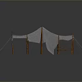 Outdoor Canvas Canopy Tent Structure With Wooden Support Poles And Ropes