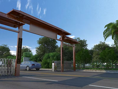 Scenic Entrance Gate With Traditional Roof Structure Lush Greenery Palm Trees And Car Access 3d model