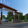 Scenic Entrance Gate With Traditional Roof Structure Lush Greenery Palm Trees And Car Access