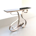Stylish Console Table With Ornate Curved Metal Frame And Smooth Black Glass Top