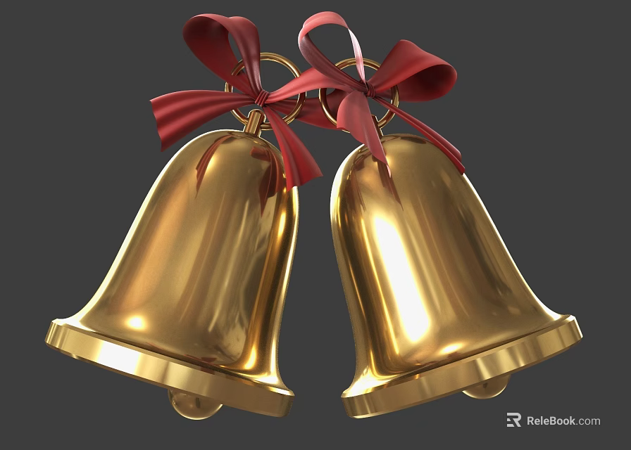 Decorative Golden Bells Wall Decor With Red Bows For Home Decoration 3d model 