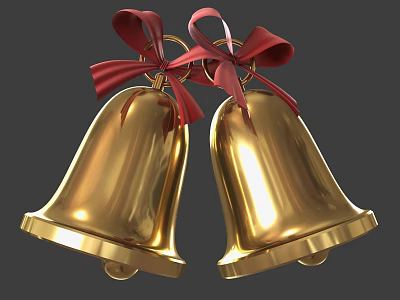 Decorative Golden Bells Wall Decor With Red Bows For Home Decoration 3d model