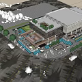 Modern Sales Office Building Design With Glass Curtain Wall Pedestrians And Greenery