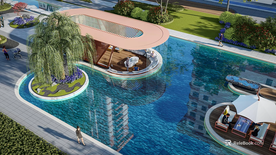Modern Garden Pavilion by Pool with Palm Tree Wooden Structure and Greenery for Relaxing 3d model 
