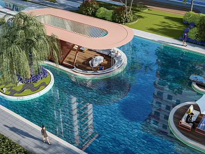 Modern Garden Pavilion by Pool with Palm Tree Wooden Structure and Greenery for Relaxing 3d model