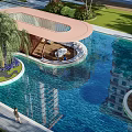 Modern Garden Pavilion by Pool with Palm Tree Wooden Structure and Greenery for Relaxing
