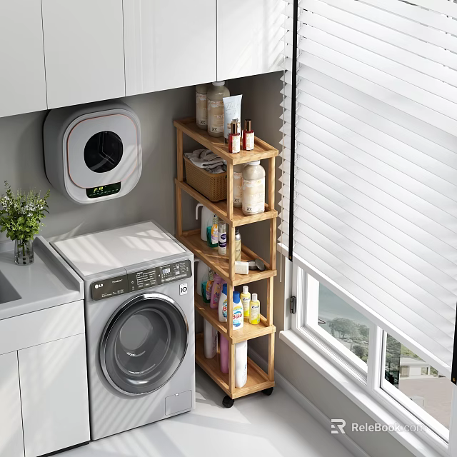 Laundry Room Wooden Storage Shelf With Cleaning Supplies Washing Machine And Window Blinds 3d model 