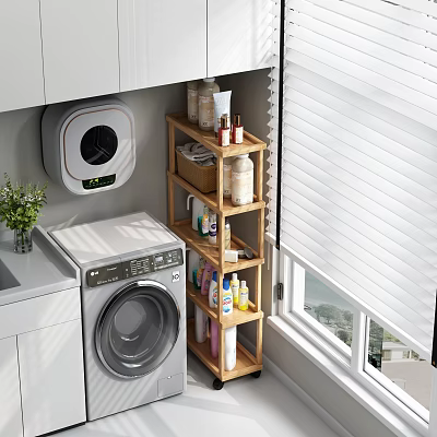 Laundry Room Wooden Storage Shelf With Cleaning Supplies Washing Machine And Window Blinds 3d model