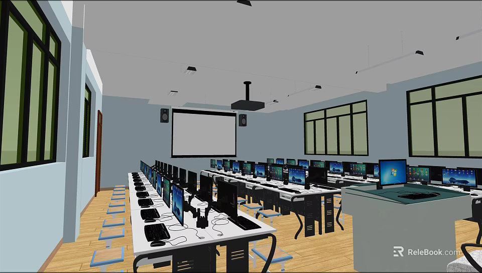 School Computer Classroom Featuring Rows Of Desks Computers Projector And Windows 3d model