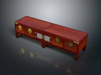 Traditional Chinese Style Mahogany Wood Cabinet With Golden Accents And Lattice Panels 3d model